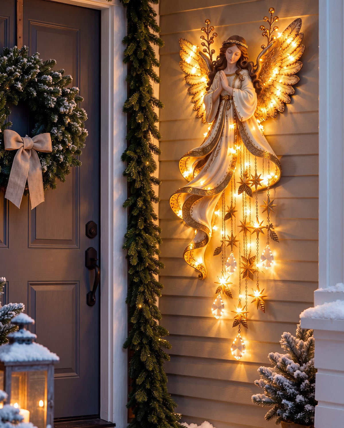 Praying Angel glowing wall light in a cozy living room