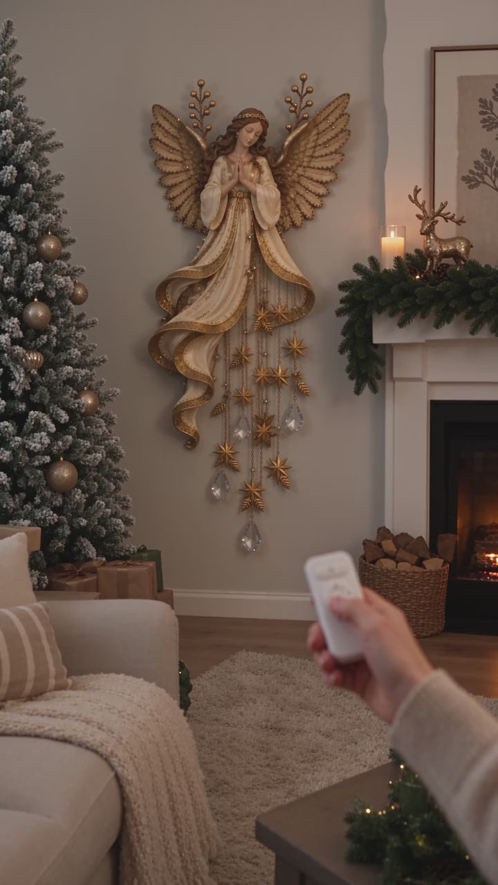 Praying Angel glowing wall light turning on